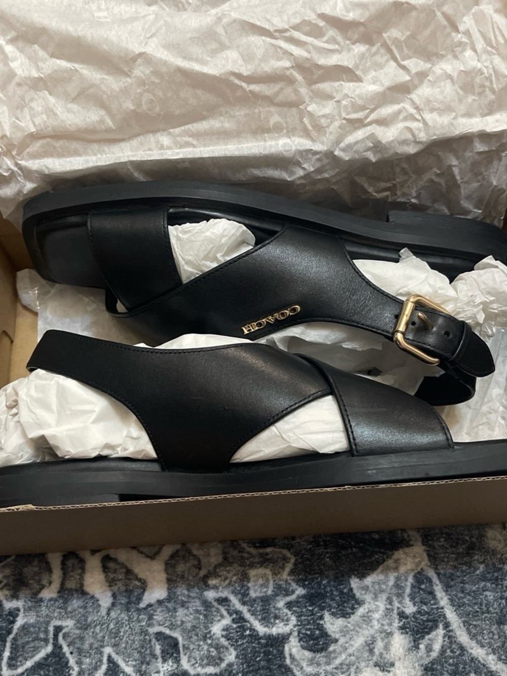 COACH Black Leather Crisscross Slingback Sandals with Gold Accent - Picture 6 of 7